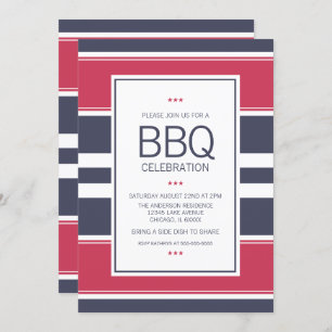 Preppy Red, White & Blue Stripe BBQ Uitnodiging