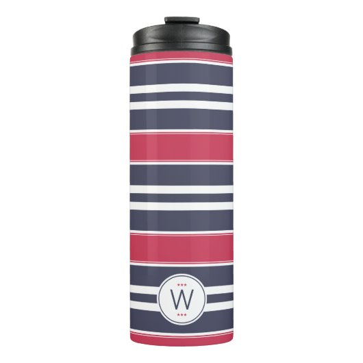 Preppy Red, White & Blue Stripe Thermal Tumbler Thermosbeker (Voorkant)