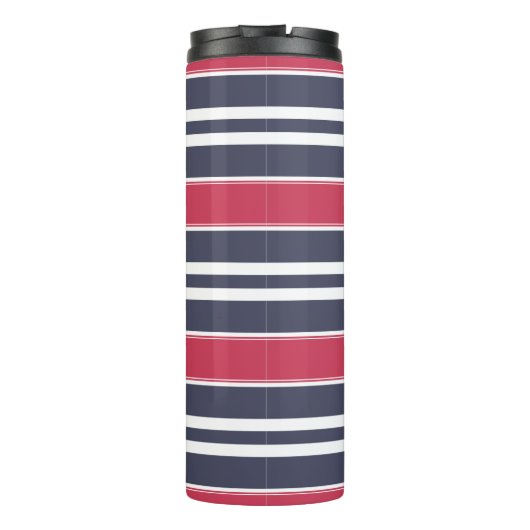 Preppy Red, White & Blue Stripe Thermal Tumbler Thermosbeker (Achterkant)