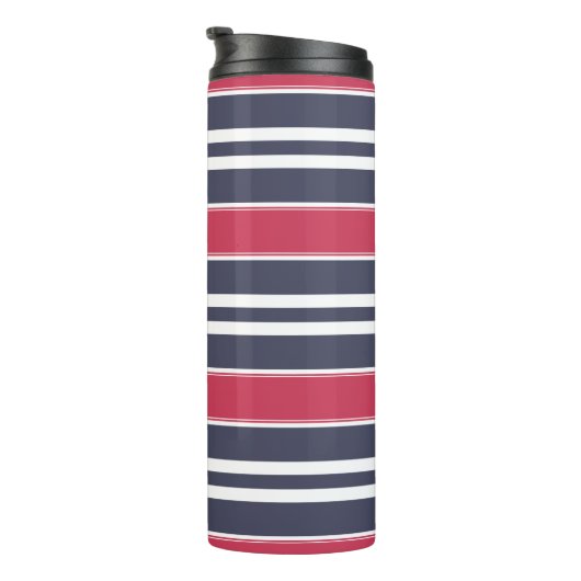 Preppy Red, White & Blue Stripe Thermal Tumbler Thermosbeker (Geroteerd rechts)