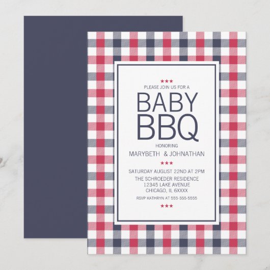 Preppy Red, White en Blue BBQ Baby shower Invitati Kaart (Voorkant / Achterkant)