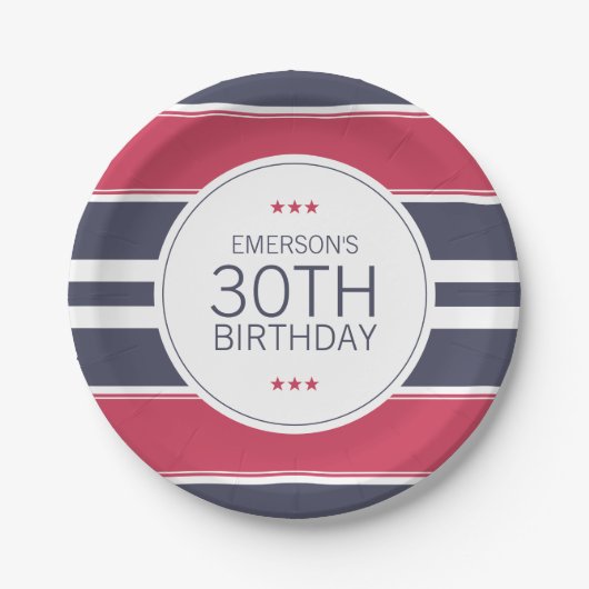 Preppy Red, White en Blue Birthday Paper Bord (Voorkant)