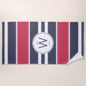 Preppy Red, White en Blue Stripe Beach handdoeken (Voorkant)