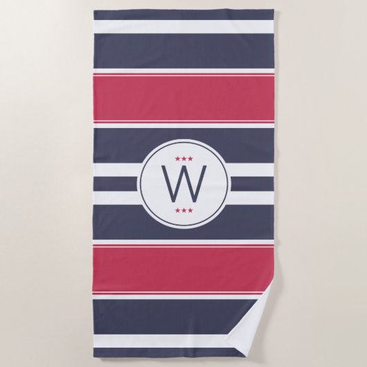 Preppy Red, White en Blue Stripe Beach handdoeken (Voorkant)