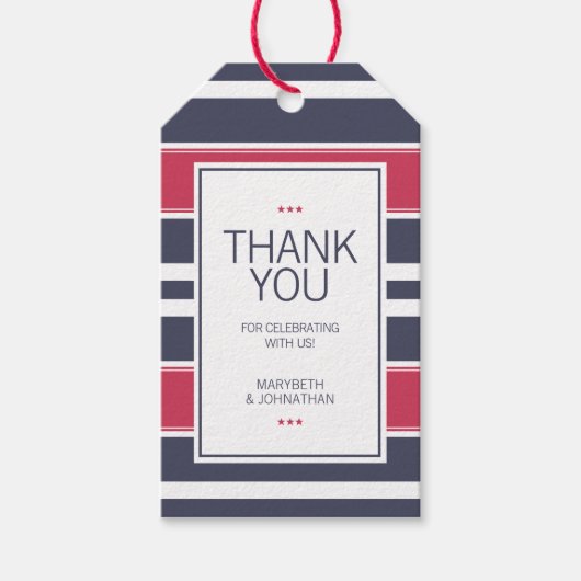 Preppy Red, White en Blue Stripe Dank je Label Cadeaulabel (Voorkant)