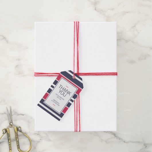 Preppy Red, White en Blue Stripe Dank je Label Cadeaulabel (Met Touw)