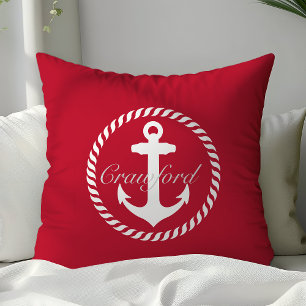 Preppy Red & White Nautical Anchor Monogram Kussen