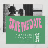 Preppy Retro Mod Unieke Foto Roze Groen Aangepast Save The Date (Voorkant / Achterkant)
