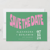Preppy Retro Mod Unieke Foto Roze Groen Custom Save The Date (Voorkant)
