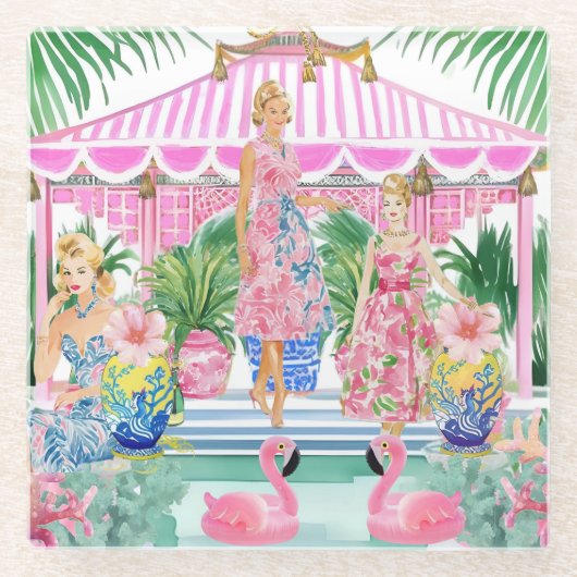 Preppy Retro Palm Beach Pool Party Glazen Onderzetter (Voorkant)