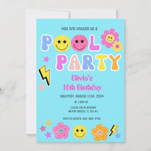 Preppy Retro Y2K Pool Party Gelukkig Gezicht Verja Kaart (Voorkant)