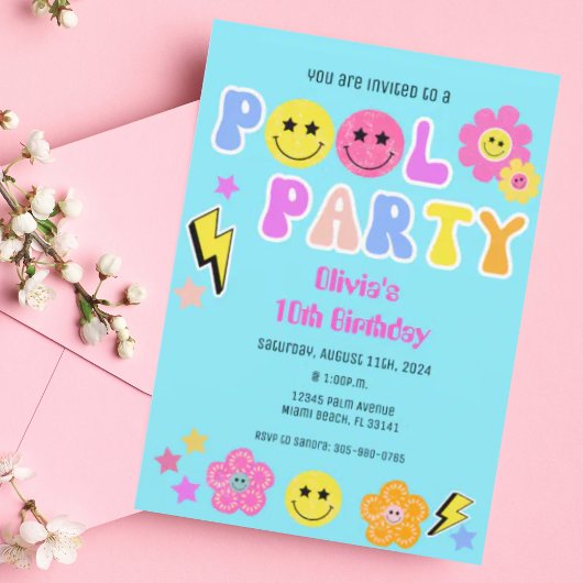 Preppy Retro Y2K Pool Party Gelukkig Gezicht Verja Kaart