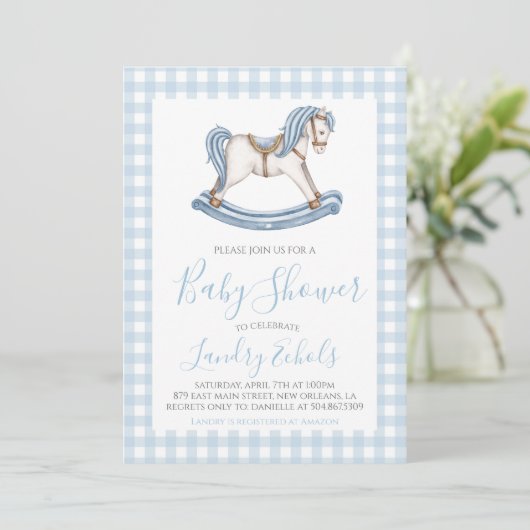 Preppy Rocking Horse Blue Boy Baby shower Kaart (Staand voorkant)