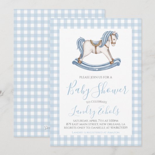 Preppy Rocking Horse Blue Boy Baby shower Kaart (Voorkant / Achterkant)