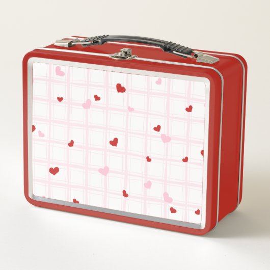 Preppy Rode Harten Roze Grid Esthetische Lunchbox (Voorkant)