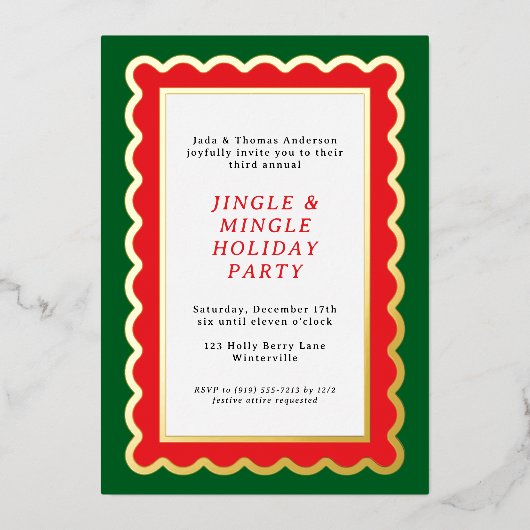 Preppy Rood en Groen Eenvoudige geschulpte Kerstmi Folie Uitnodiging (Voorkant)