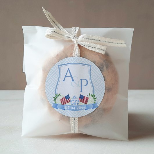 Preppy Rood Wit Blauw Vlag Bruiloft Crest Favor Vierkante Sticker