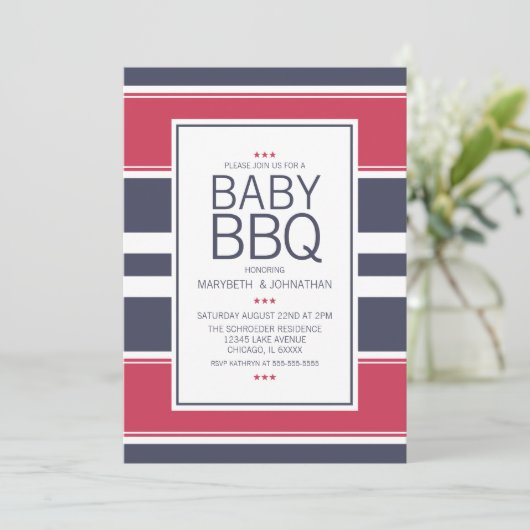Preppy rood, wit en blauw BBQ baby shower uitnodig Kaart (Staand voorkant)