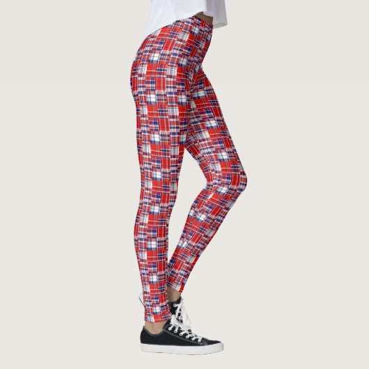 Preppy rood wit marineblauw Madras patchwork stijl Leggings (Rechts)