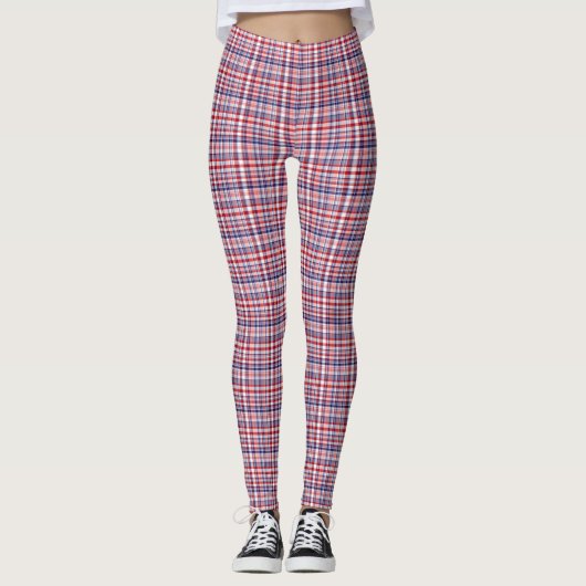 Preppy Rood Wit Navy Blauw Plaid Madras Tartan Leggings (Voorkant)