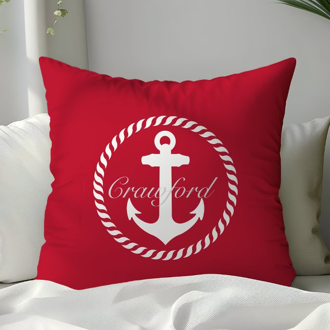 Preppy Rood & Wit Scheepsanker Monogram Kussen (Creator heeft geüpload)
