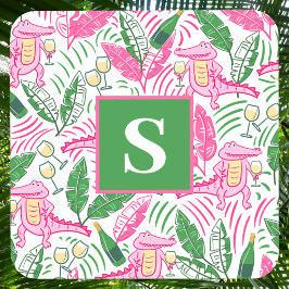 Preppy Roze Alligator Monogram / Wijn Palm Bladere Bier Onderzetter