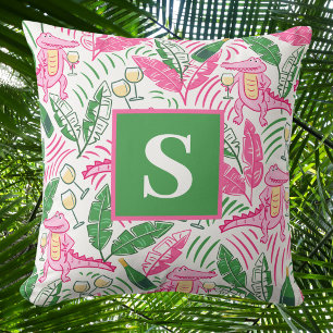 Preppy Roze Alligator Monogram / Wijn Palm Bladere Kussen