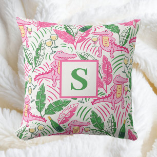 Preppy Roze Alligator & Wijn / Monogram Coastal Kussen