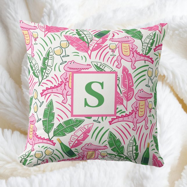 Preppy Roze Alligator & Wijn / Monogram Coastal Kussen (Creator heeft geüpload)