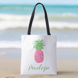 Preppy roze ananas tropisch gepersonaliseerd tote bag