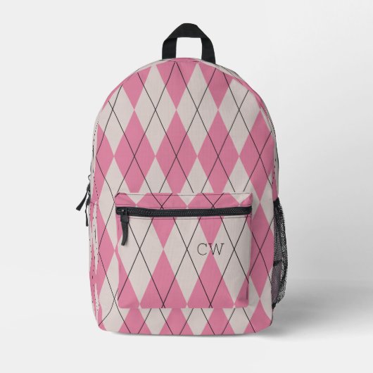 Preppy Roze Argyle Print Monogram Initialen Bedrukte Rugzak (Voorkant)