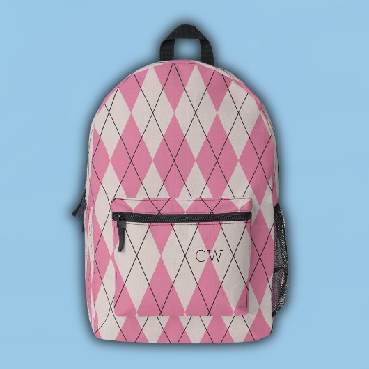 Preppy Roze Argyle Print Monogram Initialen Bedrukte Rugzak