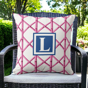Preppy Roze Bamboe Latwerk Monogram Kussen