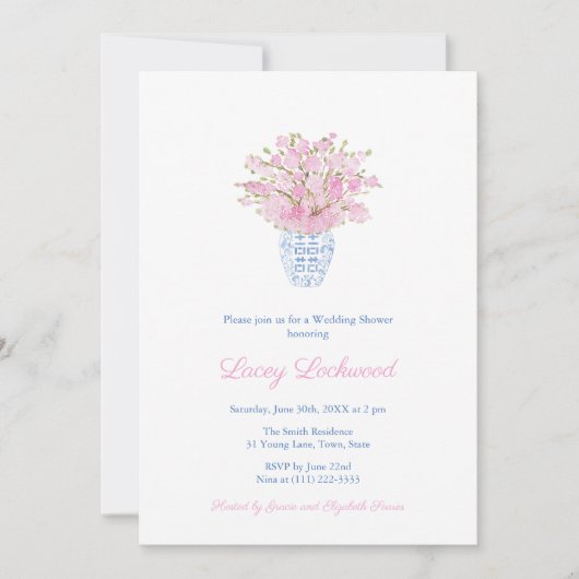 Preppy Roze Blauw Chinoiserie Trouwdouche Kaart (Voorkant)