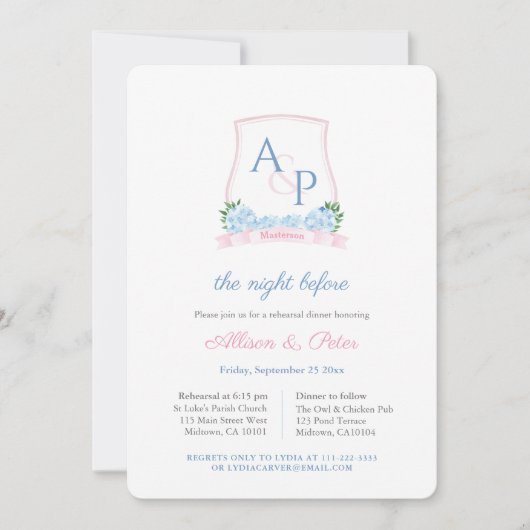 Preppy Roze Blauw Crest Bruiloft repetitie diner Kaart (Voorkant)