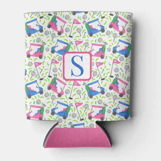 Preppy Roze Blauw Groen Golf Monogram Blikjeskoeler (Voorkant)