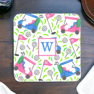 Preppy Roze & Blauwe Golfkar Monogram Golfer Bier Onderzetter