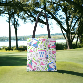 Preppy Roze & Blauwe Golfkar Patroon Monogram Tote Bag