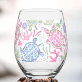 Preppy Roze Blauwe Zeeschildpadden Wijnglas Zonder Voet