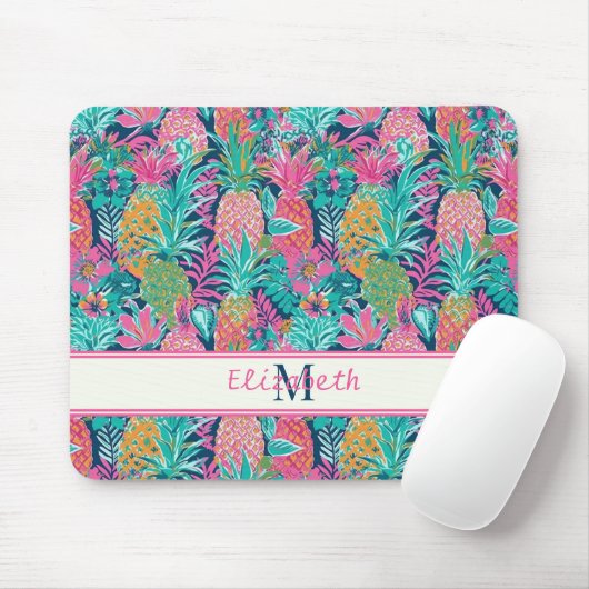 Preppy Roze Blauwgroen Navy Blauwe Ananas Monogram Muismat (Met muis)