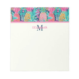 Preppy Roze Blauwgroen Navy Blauwe Ananas Monogram Notitieblok