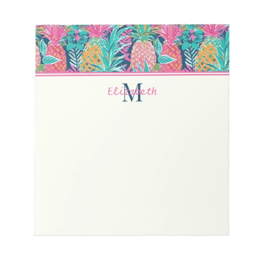 Preppy Roze Blauwgroen Navy Blauwe Ananas Monogram Notitieblok (Voorkant)