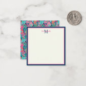 Preppy Roze Blauwgroen Navy Blauwe Ananas Monogram Notitiekaartje (Voorkant / Achterkant in situ)