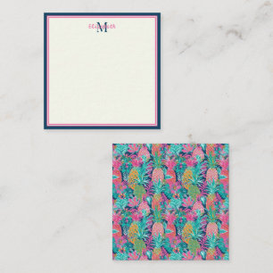 Preppy Roze Blauwgroen Navy Blauwe Ananas Monogram Notitiekaartje