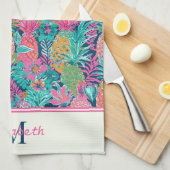 Preppy Roze Blauwgroen Navy Blauwe Ananas Monogram Theedoek (Quarter Fold)