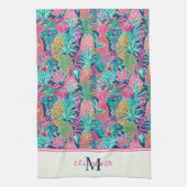 Preppy Roze Blauwgroen Navy Blauwe Ananas Monogram Theedoek (Verticaal)