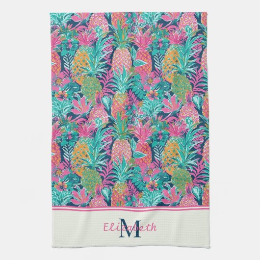 Preppy Roze Blauwgroen Navy Blauwe Ananas Monogram Theedoek (Verticaal)
