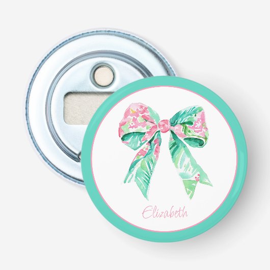 Preppy Roze Bloem Boog Persoonlijk Button Flesopener (Voorkant)