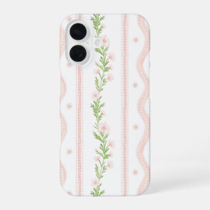 Preppy Roze Bloemen Streep iPhone 16 Hoesje