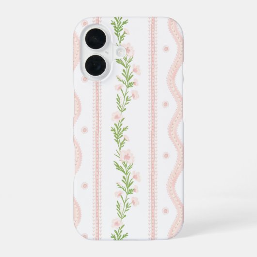 Preppy Roze Bloemen Streep iPhone 16 Hoesje (Achterkant)